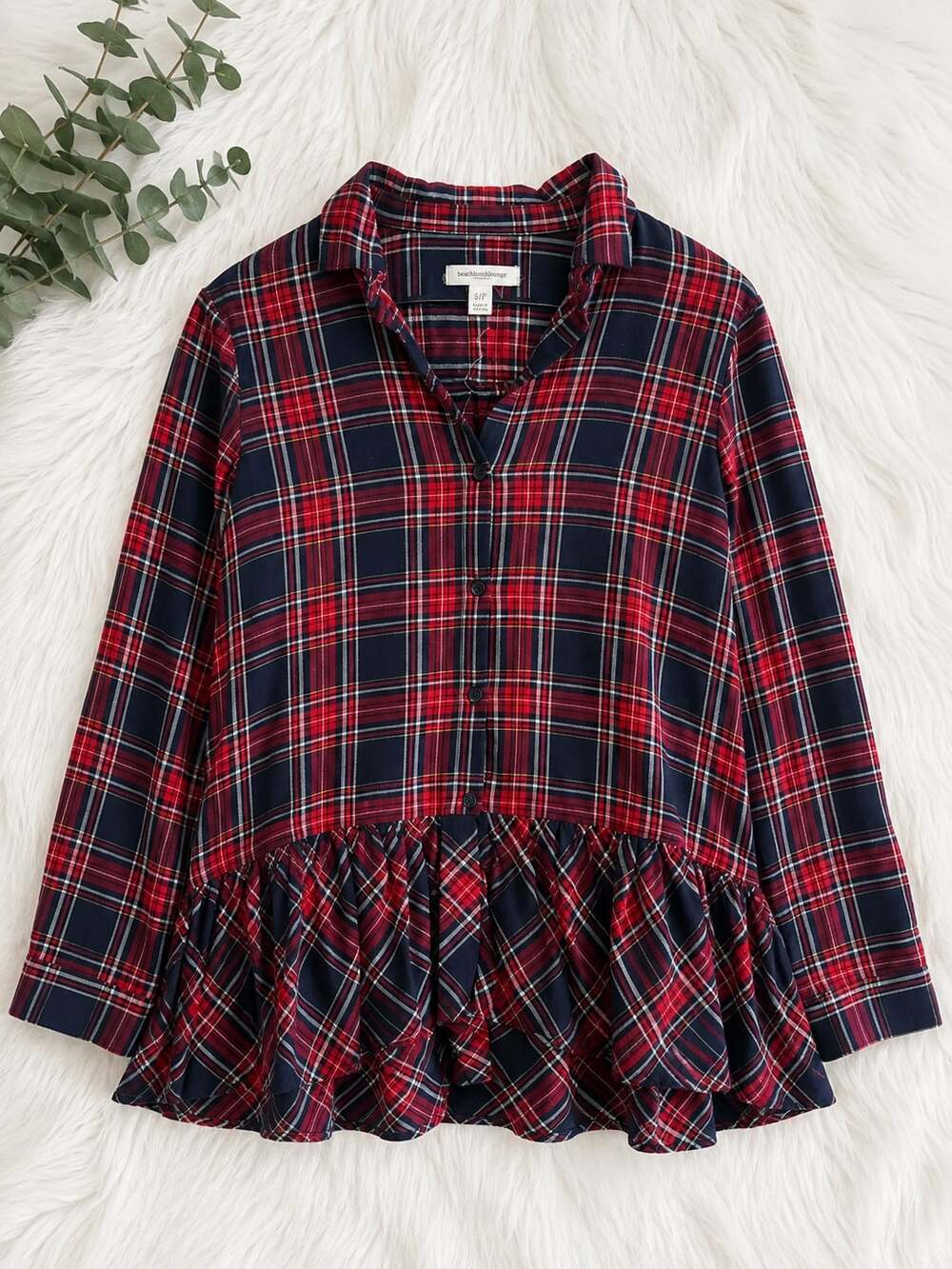 Beach Lunch Lounge Plaid Long Sleeve Button Down Peplum Blouse Size S